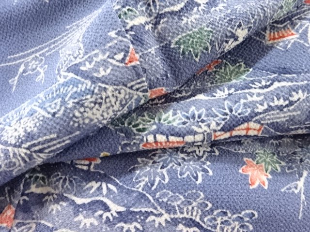  縮緬地家屋風景模様小紋着物